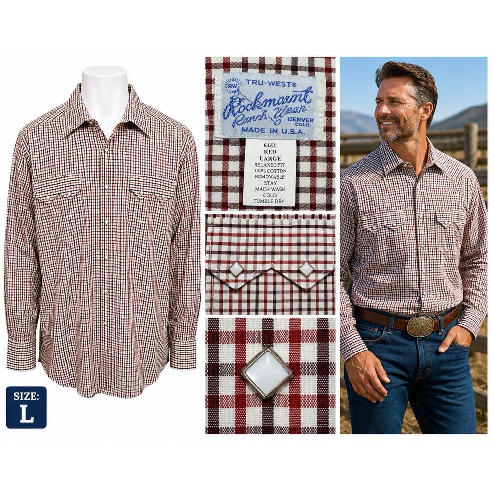 Rockmount Ranch Wear TruWest Mens L Red Shadow Plaid Western Shirt Snap Shotgun